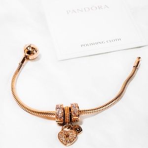 Pandora Jewelry  Rose Gold Plated Snake Chain, 3 Rose Gold Plated Charms